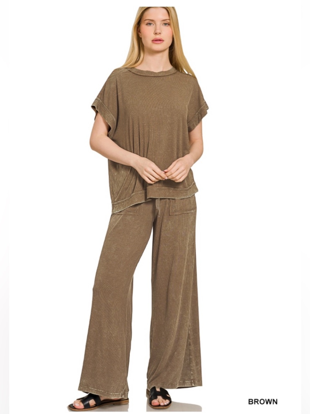 397 ❤️ ZENANA brown RIBBED ACID WASH RAYON
TOP & PANTS SET